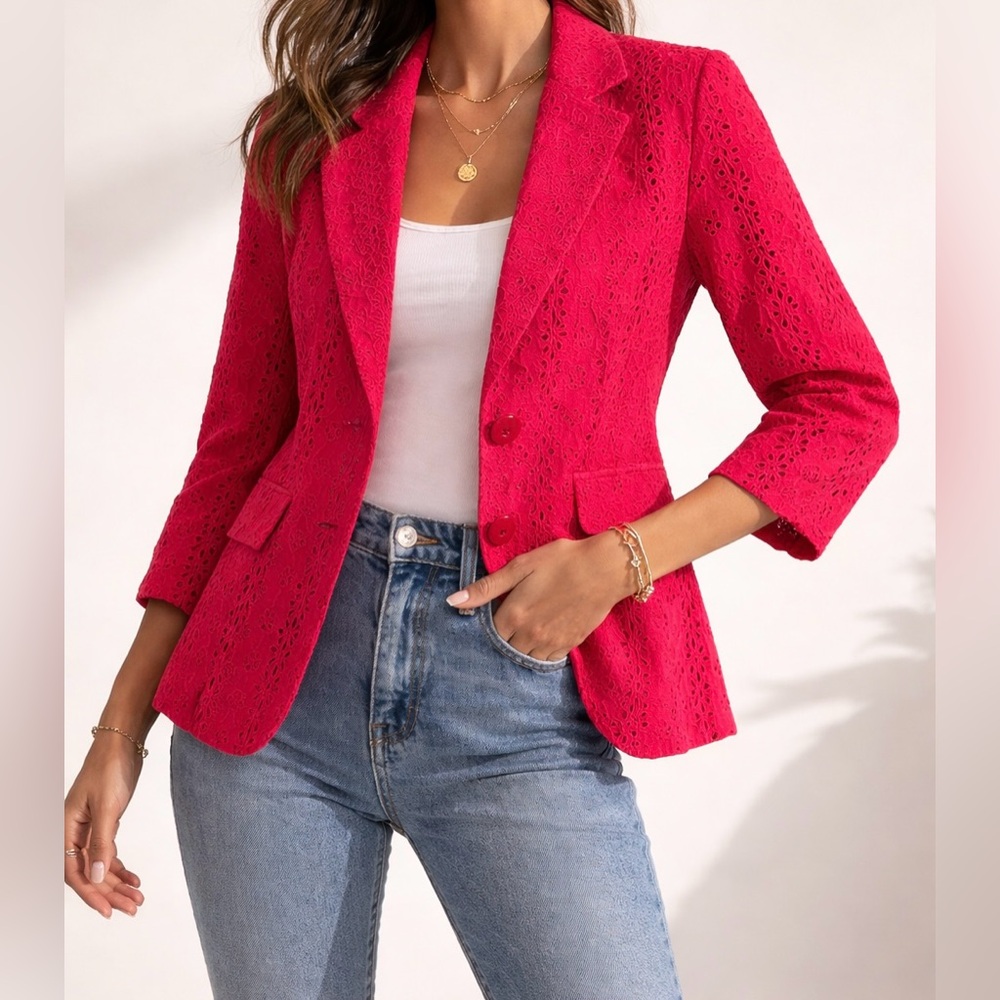 Oscar by Oscar de la Renta Eyelet Cotton Blazer Pink Red 3/4 Sleeve NWOT Size 10